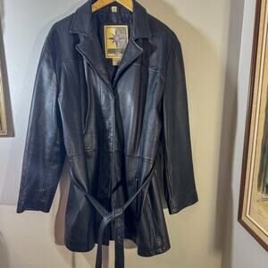 Middlebrook Park Black Leather Coat | Belted Matrix-Style Trench Jacket (Size L)